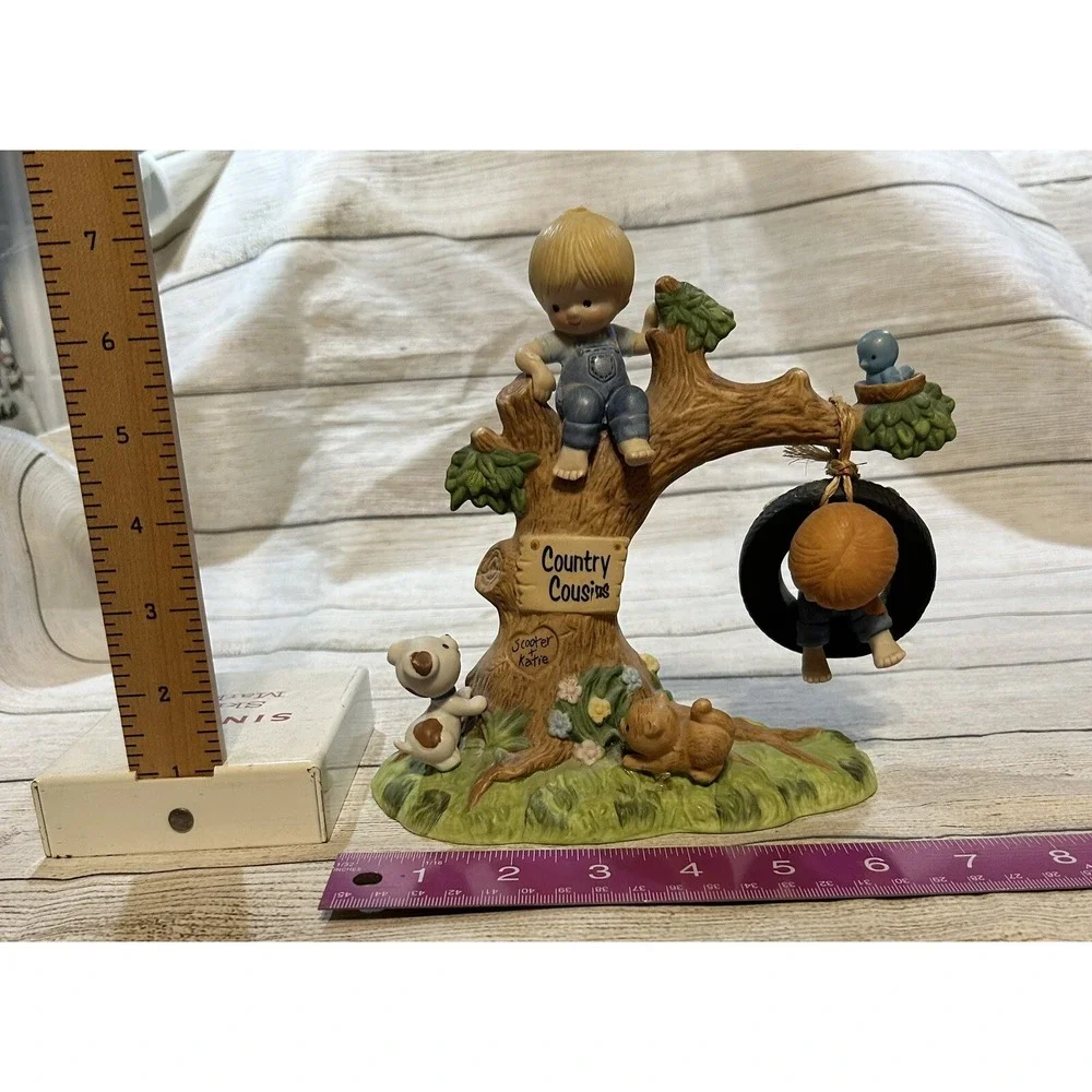 Vintage Enesco Country Cousins Katie & Scooter Playing in Tree Tire Swing Pets